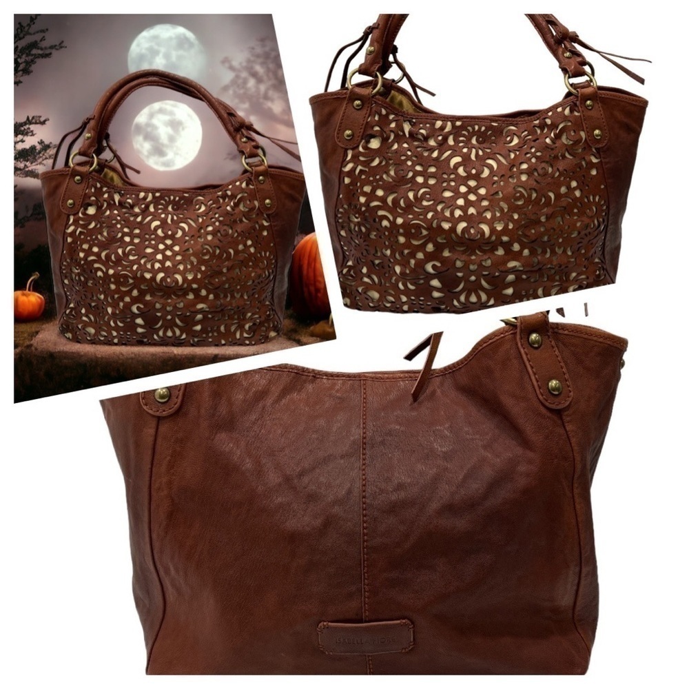 Isabella Fiore Rubbed Leather Laser Cut Floral Hobo Bag Cognac Brown